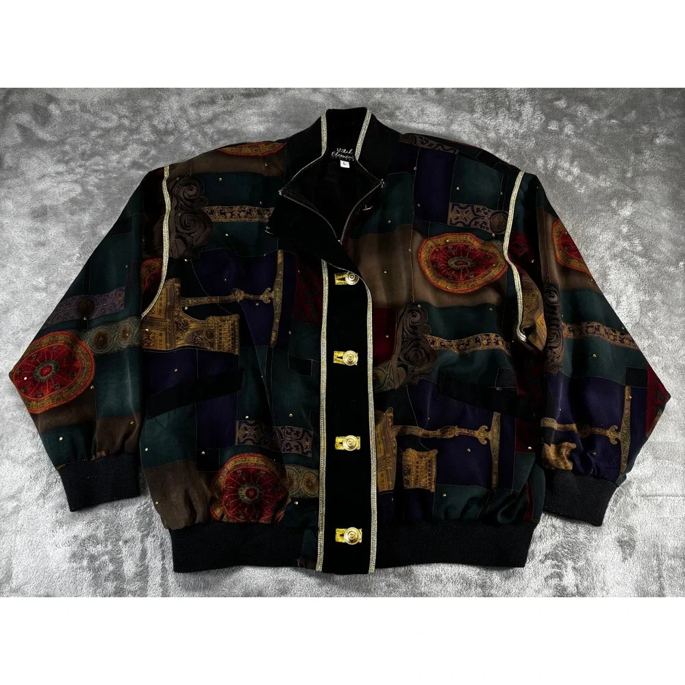 Vintage Vital‎ Elements Patchwork Bomber Jacket Womens L Multicolor Baroque Stud